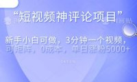 短视频神评论，一天收益500+，新手小白也可操作，长期项目，纯利润